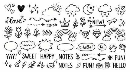 Collection of cute hand drawn black doodle icons with hearts flowers rainbows and speech bubbles on white, concept for bullet journal decoration, digital stickers and scrapbook design