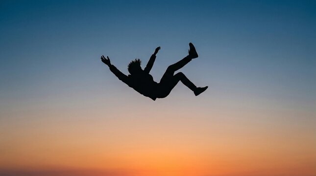 Silhouette of a person falling against a vibrant sunset sky, symbolizing freefall or a moment of vulnerability