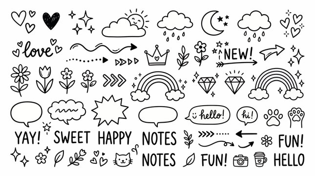 Collection of cute hand drawn black doodle icons with hearts flowers rainbows and speech bubbles on white, concept for bullet journal decoration, digital stickers and scrapbook design