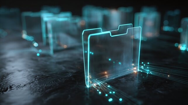 Digital Data Organization: An array of luminous, data-filled file folders illuminates the path to information, symbolizing the modern digital age's vastness of accessible knowledge.