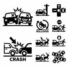 Car Accident and Road Crash Icon Set - Black and White Vector Symbols of Head-on Collision Rollover Rear End Crash Car hits Deer Pedestrian Accident and Multi-car Pileup Flat Design © Amanda