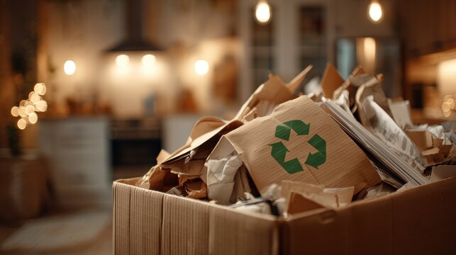 Recycle for A Green Home: A visual representation of recycling practices, with a cardboard box filled with paper trash in a domestic setting.