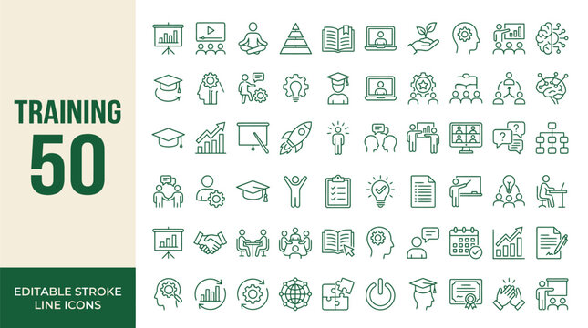 Training icon set. Containing coaching, workshop, education, seminar, advise, support, learning, webinar, skills, business and more. Editable line icons. Vector illustration.