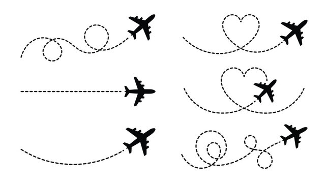 Airplane route with dotted flight path. Flying plane symbol with twisted, curved, straight and heart shape dashed trace path. Transparent png and vector illustration.