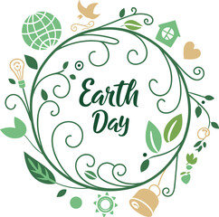 Fototapeta premium Earth Day eco-friendly vector emblem, green floral wreath with globe and leaf icons, sustainable environment conservation badge for nature events
