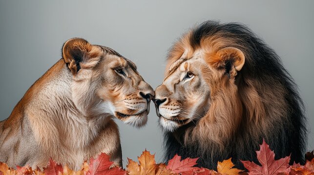 Lion and lioness facing each other with autumn leaves, majestic wild cats in close interaction, nature and wildlife concept
