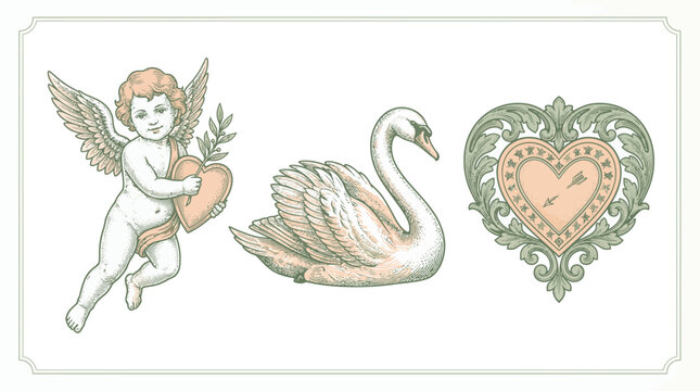 Vintage engraving set of cupid cherub holding heart and swan with ornate floral heart ornament on white background, concept for valentine day invitation, wedding stationery and romantic decoration