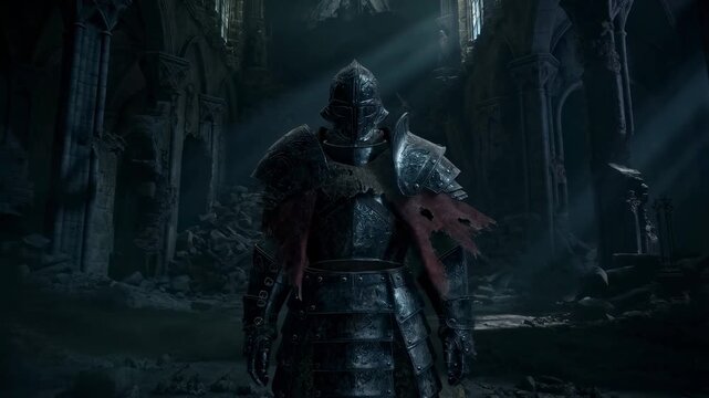 Tracking shot of armored knight standing in ruined cathedral with shafts of light and dust filled interior medieval warrior facing forward