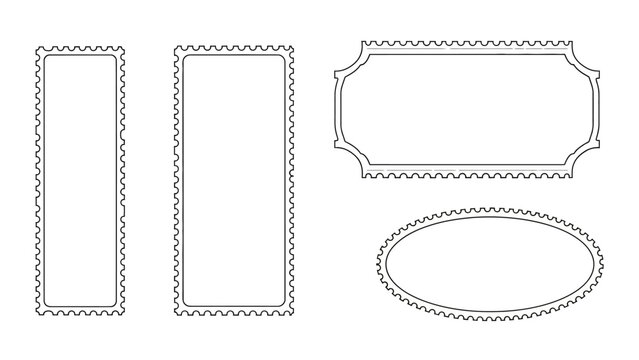 stamp frame and ticket border vector illustration set featuring perforated edges and decorative shapes ideal as vintage design elements