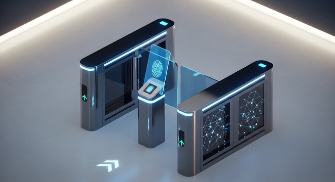 Futuristic Robotic Access Control Gate with Biometric Scanner