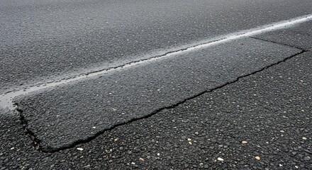 Fototapeta premium Close up of cracked asphalt road with white line.