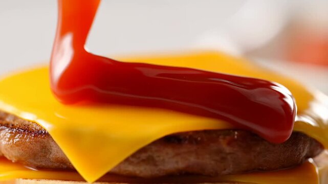 Slow motion close up of ketchup being squeezed and poured onto cheeseburger patty with melting cheese on toasted bun in kitchen setting
