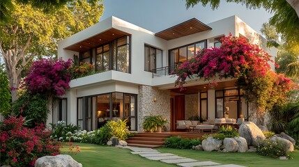 Fototapeta premium Exterior of contemporary villa with clean architecture, sunlight