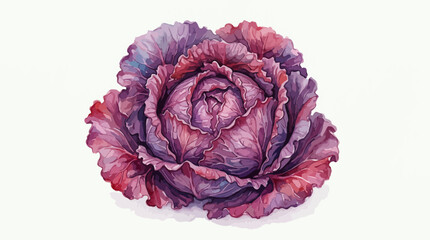 Obraz premium Artistic watercolor illustration of a fresh red purple cabbage head with textured leaves isolated on white background, concept for healthy culinary blog, organic farm market and vegan recipe