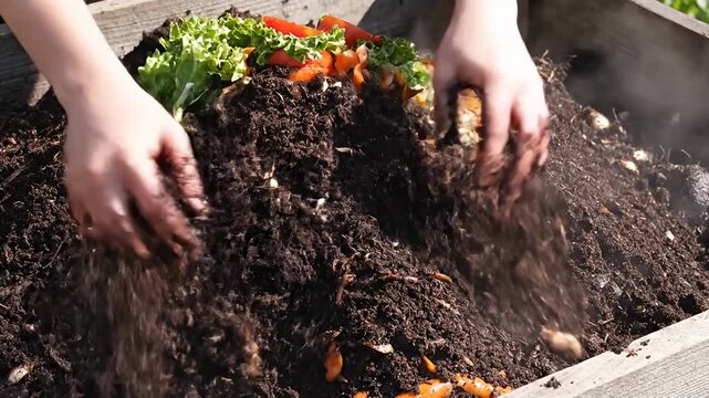 Hands composting organic food waste in outdoor garden soil