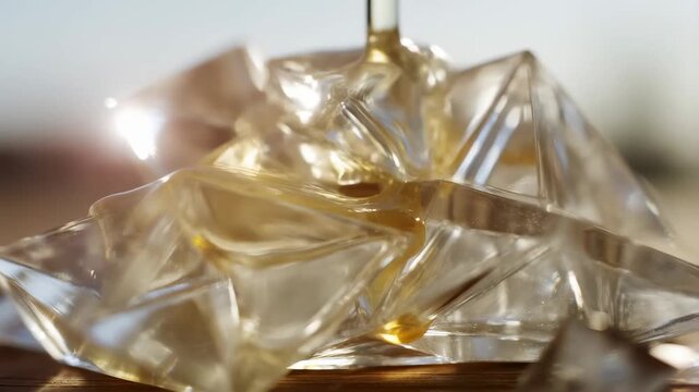 Slow motion tracking dolly zoom of viscous liquid pouring over glass crystal pieces on wooden table surface in bright morning studio close up