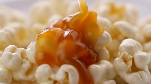 Slow motion close up of caramel sauce pouring over popcorn on white studio tabletop for food commercial