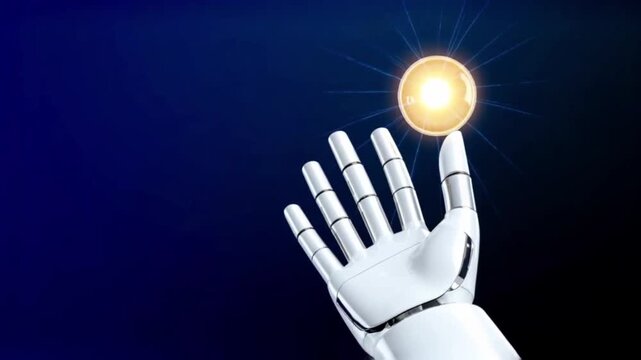 Artificial intelligence holding a glowing light bulb, representing innovation, advanced technology.  Robotic hand reaching up to hold a brightly lit light bulb., new idea, creativity, machine learning