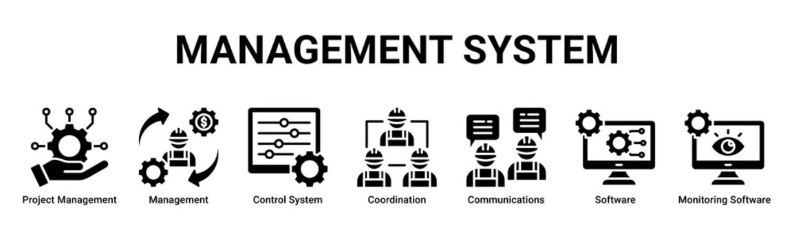 Management System web banner icon vector illustration with icons of Project Management,Management,Control System,Coordination,Communications,Software and Monitoring Software