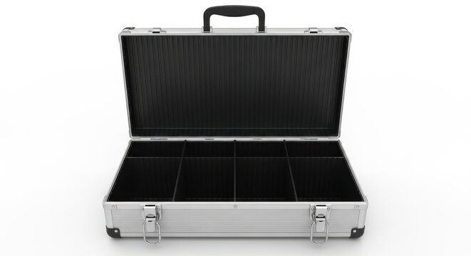 Open empty aluminum briefcase with dividers isolated on white background