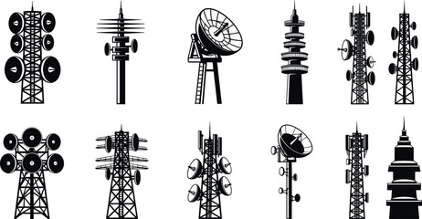 Naklejka premium Telecommunication towers and antennas collection with signal transmitters radio network infrastructure silhouettes vector illustration set isolated