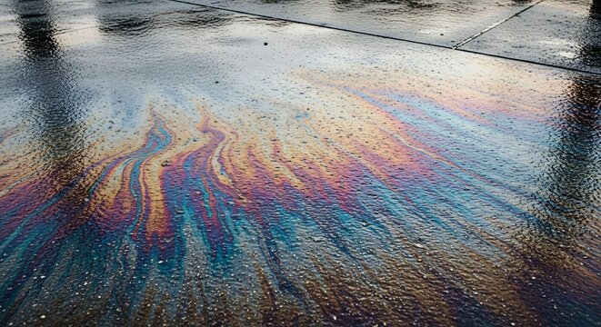 Iridescent Oil Slick Rainbow Pattern on Wet Pavement Surface.