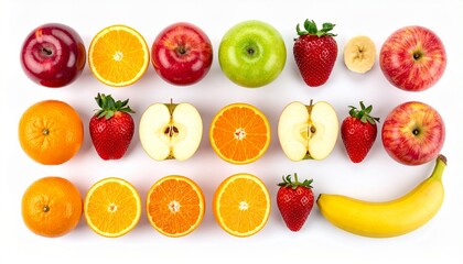 Naklejka premium Colorful Fresh Fruits Arrangement on White Background, Healthy Lifestyle Concept