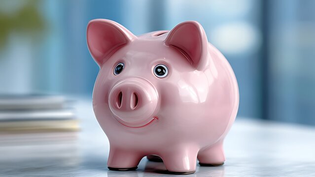 Cute pink piggy bank smiling on a marble table in a bright modern office