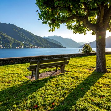 A serene park bench under a tree overlooking a lake and mountains
