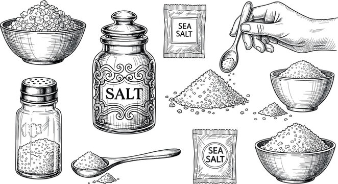 Vintage hand drawn salt elements collection with sea salt bowls jars spoon engraving style vector illustration set