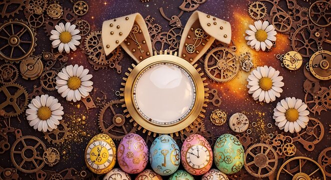 A steampunk-inspired Easter scene with decorative eggs and clockwork gears on a dark background with flowers