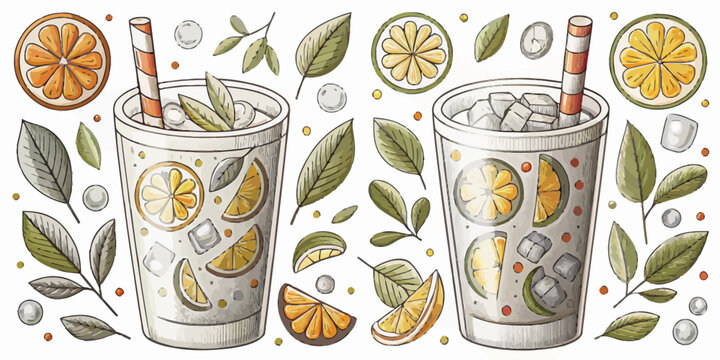 A colorful vector illustration of two glasses of lemonade with ice and straws surrounded by citrus slices and leaves