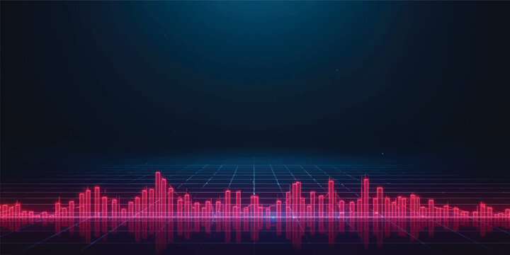 An abstract digital vector illustration featuring a music equalizer wave morphing into a city skyline silhouette with a medical heartbeat pulse monitor graph over a dark technology background