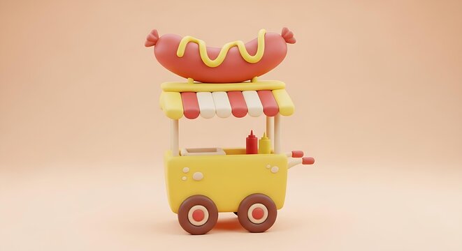 Chunky pastel yellow clay hot dog cart toy with giant sausage on top and mustard drizzle detail soft peach background 3D render