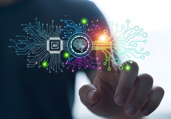 Obraz premium Human hand touching holographic interface, symbolizing advanced AI integration, future technology, and innovative digital data processing networks