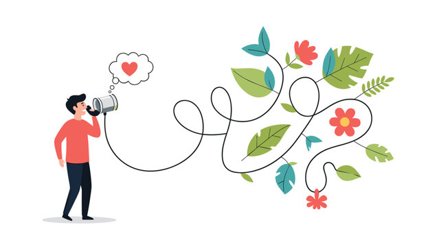 Creative communication concept showing a man talking into a tin can telephone with a long wire turning into a vine.
