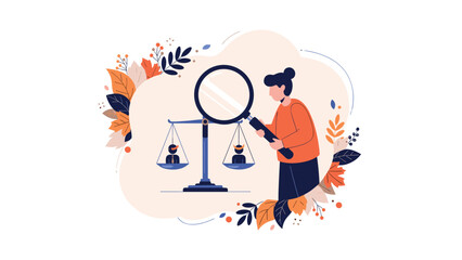 Obraz premium Woman using a giant magnifying glass to examine two tiny figures balanced on a set of scales surrounded by fall leaves.