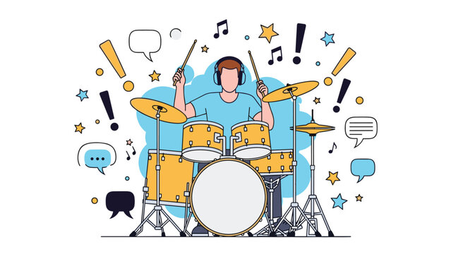 Young man wearing headphones and playing a full drum kit with energy while surrounded by musical symbols.