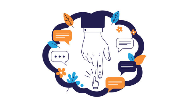 Large hand pointing down to a smaller clicking hand within a brain shaped border filled with speech bubbles.
