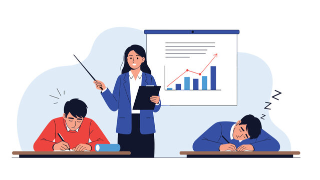 Female teacher giving a presentation while one student takes notes and another student sleeps at his desk.