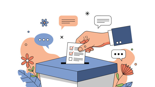 Hand putting paper ballot with check marks into a voting box as symbol of democracy and personal election choice.