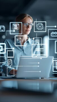 Businesswoman using a laptop while a holographic interface displays workflow diagrams, document management systems, and enterprise content structures, flowchart nodes and file icons connected 