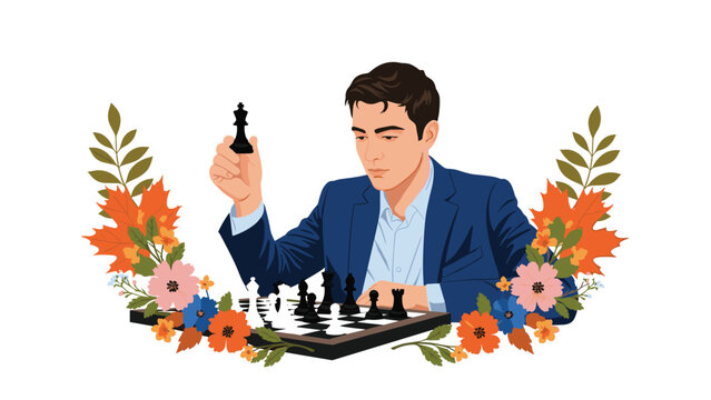 Concentrated man playing chess game on a board decorated with a beautiful and colorful floral and leaf frame.
