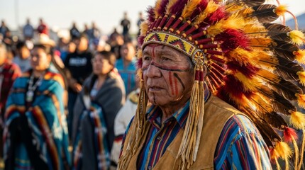 Obraz premium Elderly Man Wearing Traditional Feathered Headdress at Gathering.