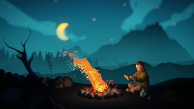 Low Poly Animated Man Sitting by Fire at Night Adventure Hiking Scene