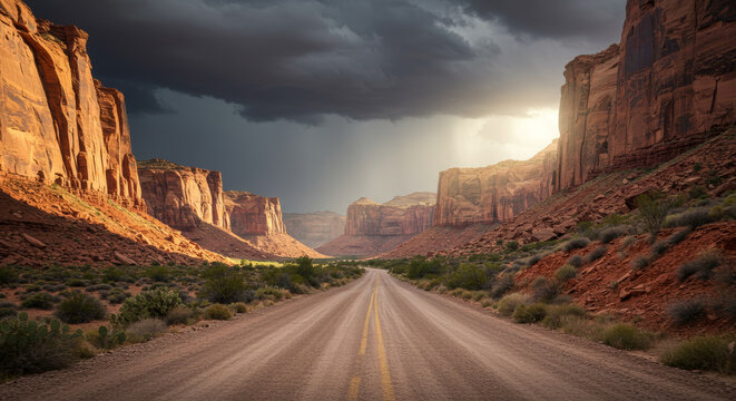 Dusty road winding through red rock canyon under clouds, desert landscape, nature scene, arid wilderness, dramatic lighting.