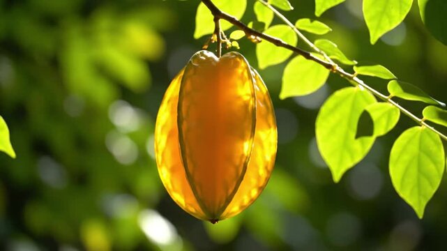 Ripe Golden Star Fruit Hanging from a Branch with Sunlit Green Leaves in a Tropical Orchard