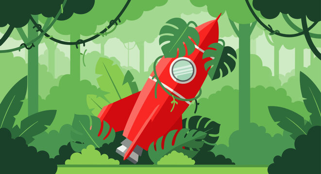 red rocket spaceship found overgrown in a lush green jungle symbolizing lost exploration and the embrace of nature