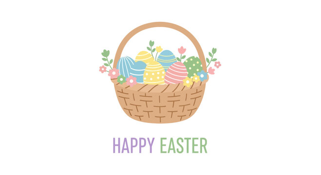 Easter basket, colorful eggs, floral decoration, Happy Easter greeting, springtime illustration
