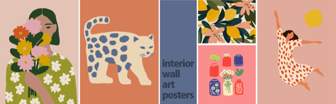 Modern abstract wall art vector set with woman portrait, leopard, flowers and decorative elements. Minimalist boho style, trendy colors, abstract floral figures for poster, card